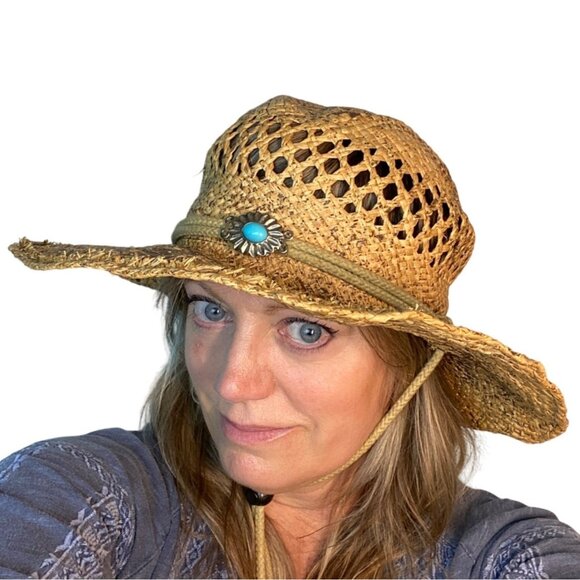Cov/Ver Your World sun hat rattan turquoise stone adjustable chin strap Sm/M - Picture 1 of 9